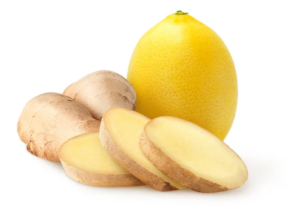 Raiz Gengibre Cru Com Fatias Frutas Limão Isoladas Fundo Branco — Fotografia de Stock