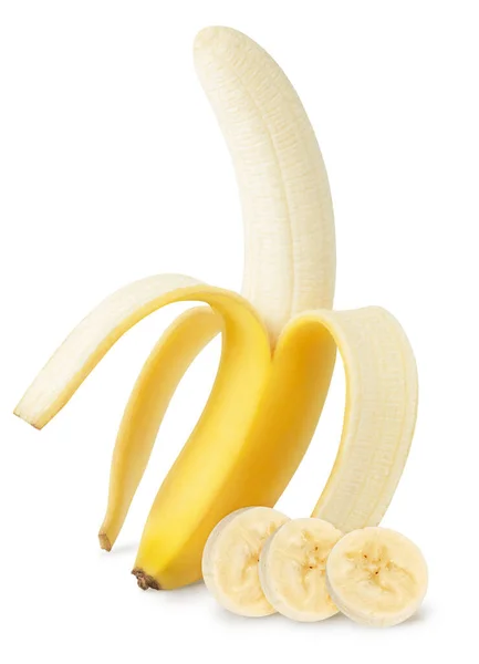 Απομονωμένη Ξεφλουδισμένη Μπανάνα Ξεφλουδισμένη Μπανάνα Φέτες Που Απομονώνονται Λευκό Διαδρομή — Φωτογραφία Αρχείου