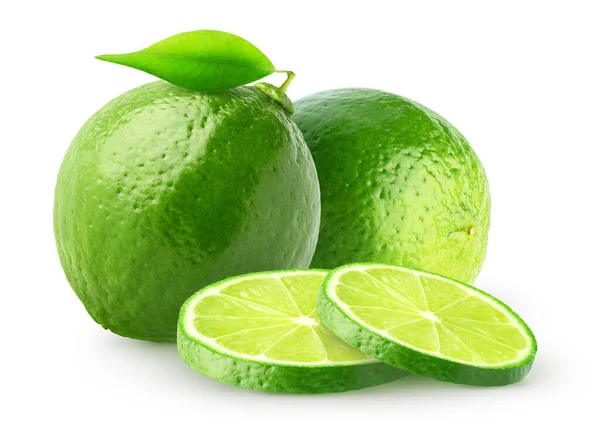 Frutos Lima Isolados Duas Frutas Limão Inteiras Fatias Isoladas Fundo — Fotografia de Stock