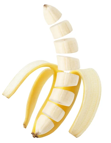 皮をむいたバナナ 白で隔離されたコアを持つスライスバナナ クリッピングパスと — ストック写真