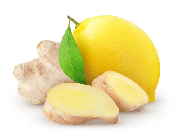 レモンと生姜を分離 生の生姜の根は2枚のスライスとレモン果実を白い背景に隔離し クリッピングパスを持ちます — ストック写真