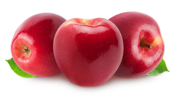 Pommes Isolées Trois Pommes Rouges Roses Entières Avec Des Feuilles — Photo