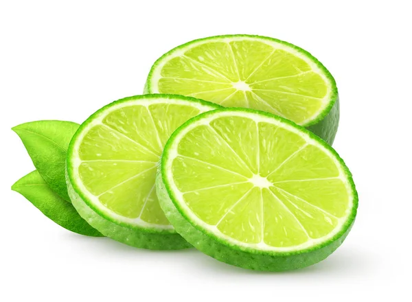 Geïsoleerde Schijfjes Kalk Sliced Limoen Fruit Met Bladeren Geïsoleerd Van — Stockfoto