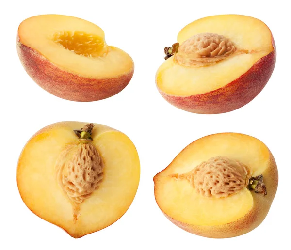 Perzik Geïsoleerd Verzameling Van Verschillende Perzikstukjes Half Fruit Geïsoleerd Wit — Stockfoto