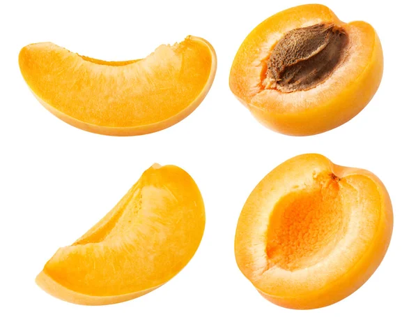 Aprikosensammlung Set Frischer Aprikosenfrüchte Geschnitten Scheiben Isoliert Auf Weißem Hintergrund — Stockfoto