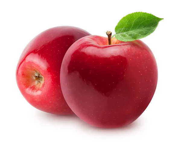 Απομονωμένα Μήλα Δύο Ολόκληρα Κόκκινα Ροζ Φρούτα Μήλου Φύλλα Που — Φωτογραφία Αρχείου
