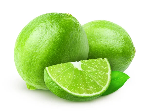 Geïsoleerde Limoenen Twee Hele Linde Fruit Stuk Met Blad Geïsoleerd — Stockfoto