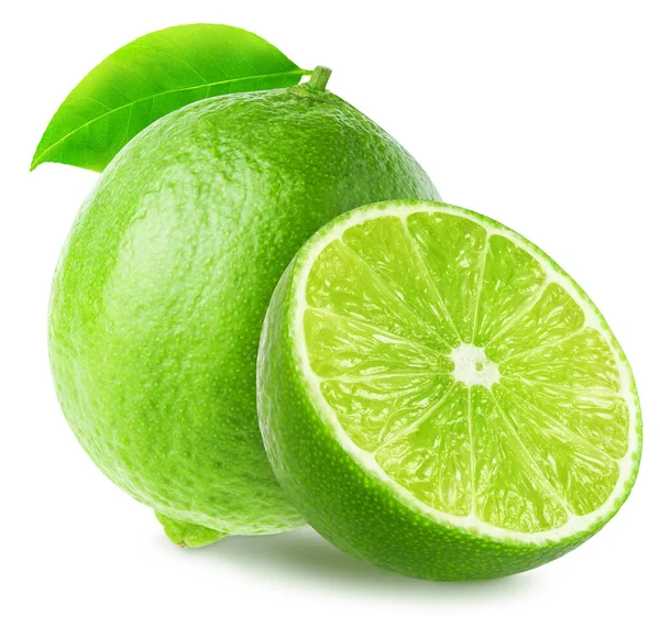 Limão Com Meia Fruta Com Folhas Isoladas Sobre Fundo Branco — Fotografia de Stock