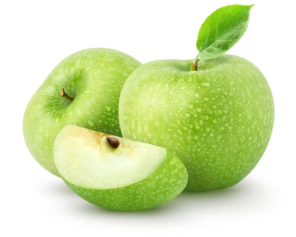 Manzanas Húmedas Aisladas Dos Frutas Manzana Verde Con Rebanada Aislada — Foto de Stock