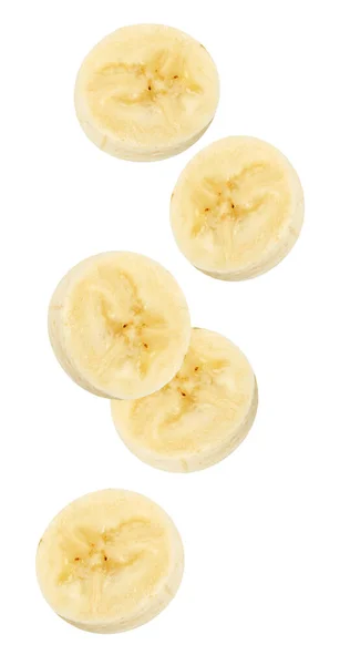 Ізольований Літаючий Банан Очищені Скибочки Банана Падають Ізольовані Білому Відсічним — стокове фото