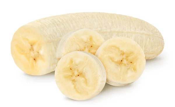 Banane Isolée Demi Banane Pelée Avec Tranches Isolées Sur Blanc — Photo