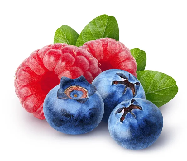 Odizolowane Jagody Trzy Słodkie Owoce Borówki Papryki Liśćmi Wyizolowanymi Białym — Zdjęcie stockowe