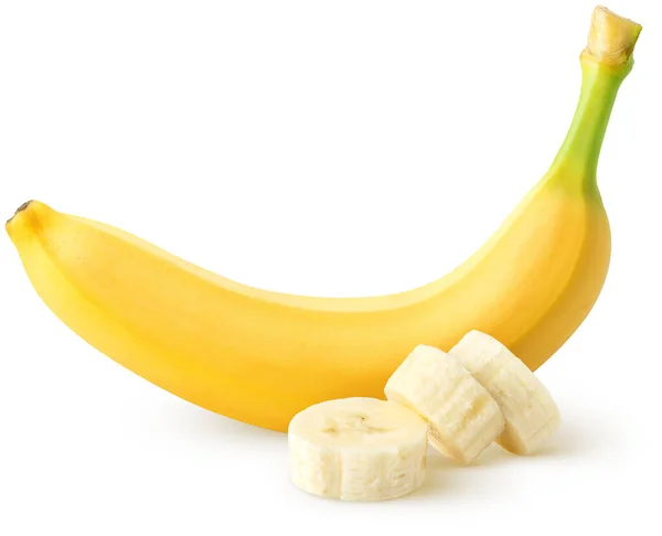 Bananas Isoladas Fruta Banana Inteira Com Fatias Isoladas Fundo Branco — Fotografia de Stock