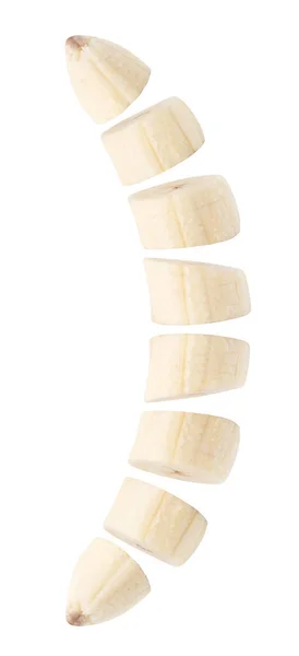 皮をむいたバナナを分離 クリッピング パスと白で隔離 スライスしたバナナ — ストック写真