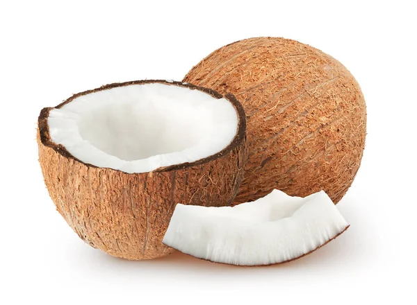 Izolované Kokosy Celý Kokosový Ořech Polovinou Dílkem Izolovaný Bílém Pozadí — Stock fotografie