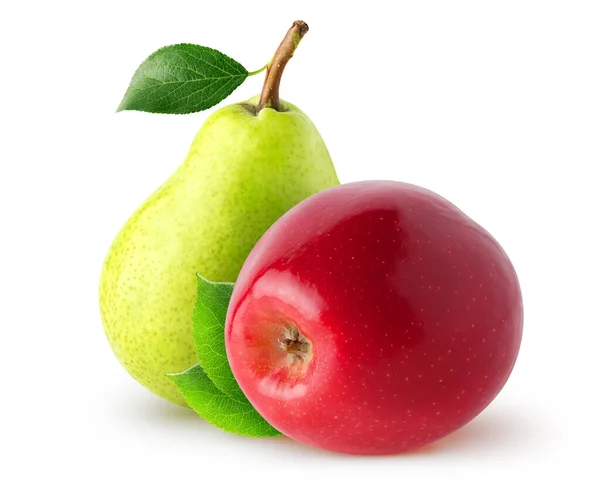 Απομονωμένη Φρούτα Σύνολο Κίτρινο Αχλάδι Και Κόκκινο Μήλο Φύλλα Που — Φωτογραφία Αρχείου