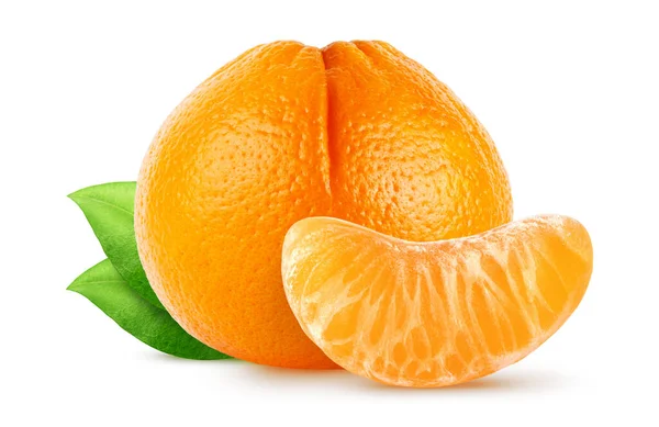 Geïsoleerde Citrusvruchten Hele Tangerine Mandarijn Met Bladeren Segment Geïsoleerd Een — Stockfoto