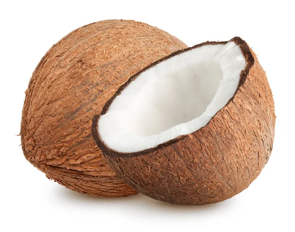 孤立的椰子 整个椰子与一半查出在白色 与剪裁路径 免版税图库照片