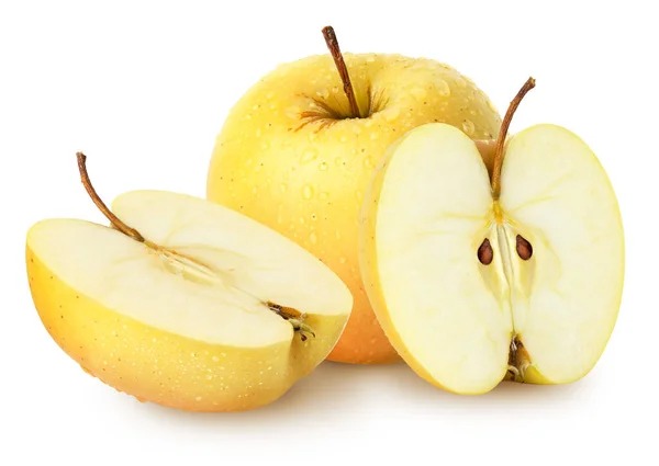 孤立的苹果 全黄色 苹果果与半隔绝在白色 与剪裁路径 免版税图库图片