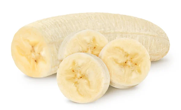 孤立的香蕉 被剥皮的香蕉一半 片片在白色上隔离 有剪切路径 图库图片