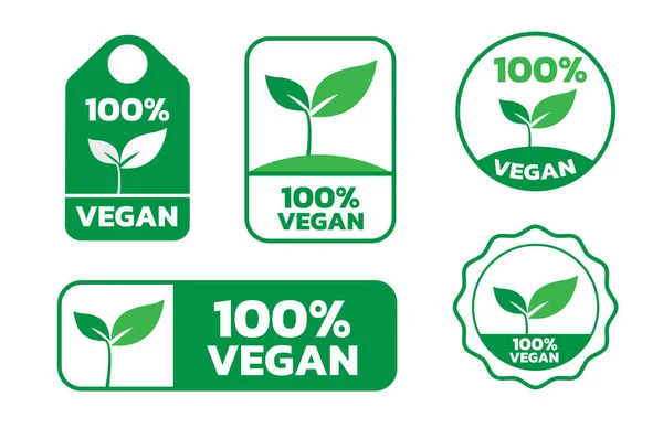 % 100 vegan ikonu seti. Organik, biyolojik, çevreci yeşil semboller. vegan vektör rozetleri, etiket, etiket.
