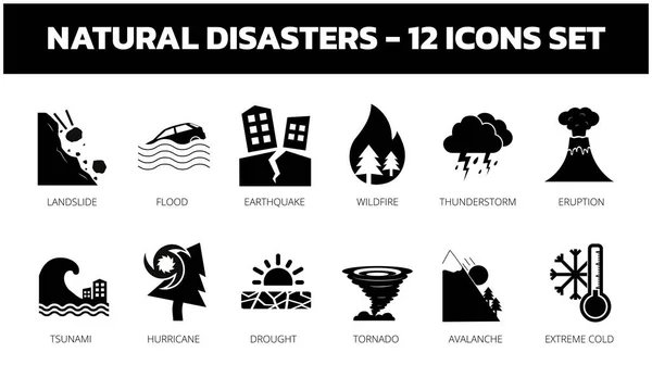 stock vector Natural Disasters icon set. Includes icons such as Earthquake, Flood, Tornado, Landslide, Volcano eruption and Drought. Flat editable vector icons.