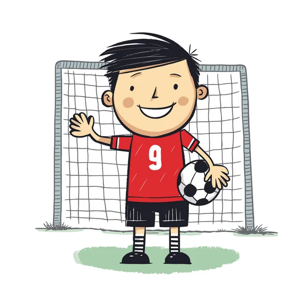 Futbol kalecisi kale vektörü çizimini sürdürüyor, çizgi filmdeki çocuklar el çizimi tarzında. Çocuklar futbol oynuyor