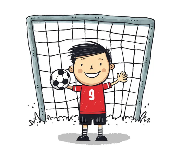 Futbol kalecisi kale vektörü çizimini sürdürüyor, çizgi filmdeki çocuklar el çizimi tarzında. Çocuklar futbol oynuyor