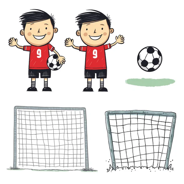 Futbol kalecisi, kale kalesi, futbol topu koleksiyonu vektör illüstrasyonu, çizgi film çocukları el çizimi tarzı.