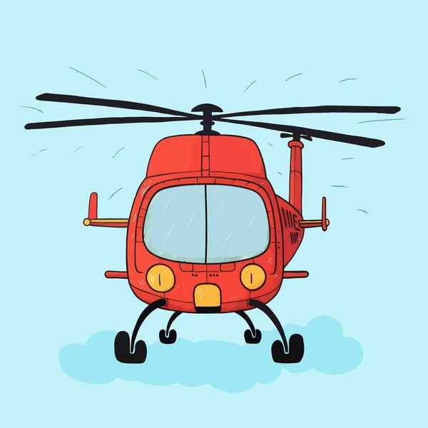 Gökyüzünde uçan kurtarma helikopteri. Çizgi film çizilmiş helikopter. Hava ambulansı helikopteri
