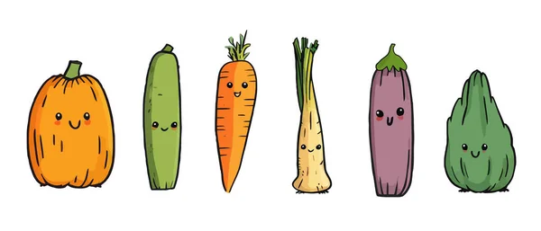 Sayuran Lucu Vektor Set Karakter Sayuran Dengan Wajah Kartun Tangan - Stok Vektor
