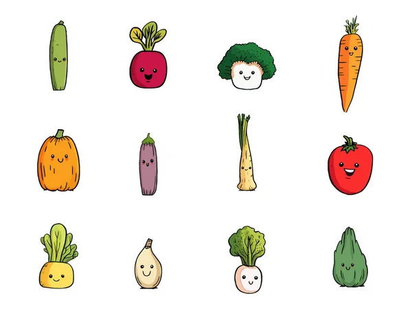 Sayuran Lucu Vektor Set Sayuran Dengan Wajah Kartun Tangan Menggambar - Stok Vektor