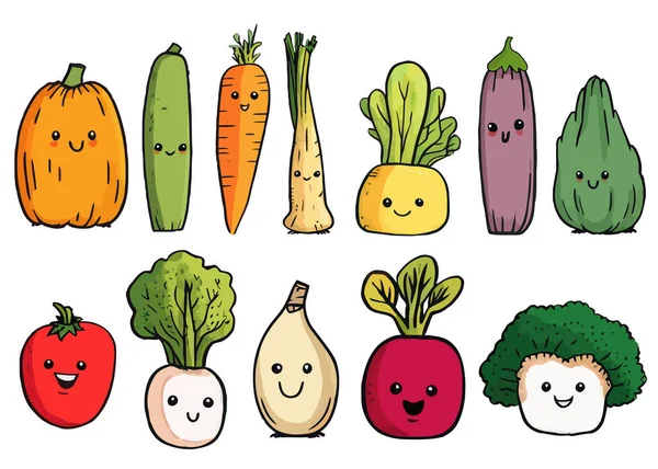 Sayuran Lucu Vektor Set Sayuran Dengan Wajah Kartun Tangan Menggambar - Stok Vektor