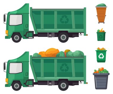 Yeşil çöp kamyonu ve beyaz arka planda izole edilmiş çeşitli çöp kutuları. Çöp kamyonu ve çöp tenekesi. Ekoloji ve geri dönüşüm konsepti Vektör illüstrasyonu.
