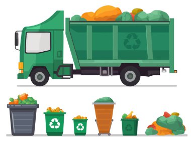 Yeşil çöp kamyonu ve beyaz arka planda izole edilmiş çeşitli çöp kutuları. Çöp kamyonu ve çöp tenekesi. Ekoloji ve geri dönüşüm konsepti Vektör illüstrasyonu.
