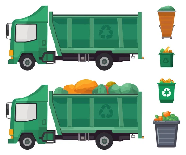 Green Garbage Truck Verschillende Soorten Prullenbak Geïsoleerd Witte Achtergrond Vuilniswagen — Stockvector