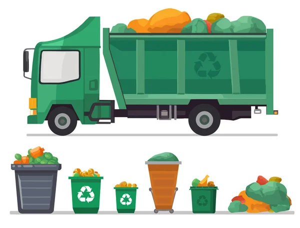 Grüner Müllwagen Und Verschiedene Arten Von Mülltonnen Isoliert Auf Weißem — Stockvektor