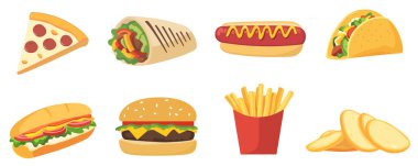 Fast Food Malzemeleri hazır. Abur cubur koleksiyonu düz çizim