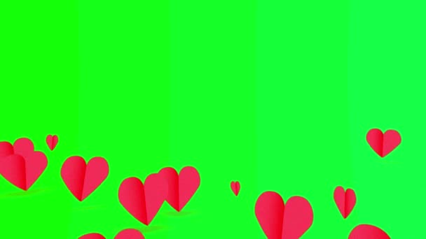 情人节前夕 纸红心动画出现在孤立的铬绿背景上 向爱的心问候情人节的背景介绍 高质量的垂直4K镜头 — 图库视频影像
