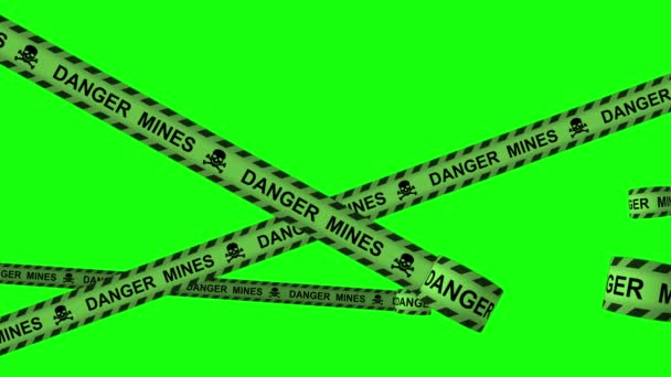 閉じたエリア緑のテープカーキストライプ地雷フィールドフレーム境界映像 軍事エリア警告シンボル クロスカーキ危険テープの圧延テープ — ストック動画