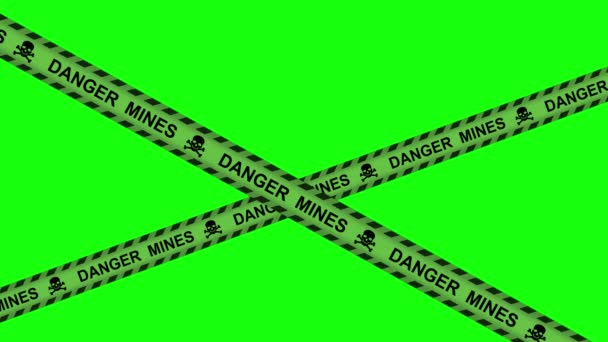 緑のテープのカーキ色のストライプのロールを回転させ 頭蓋骨の地雷の映像 軍事戦争地域採掘部門警告シンボルコンセプト — ストック動画