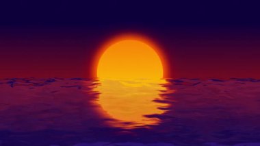 Akşam karikatür stili retro animasyonda deniz sahilinde kusursuz bir gün batımı. Turuncu güneşin su üzerindeki eski döngü videosu deniz dalgaları yüzeyine yansıyor