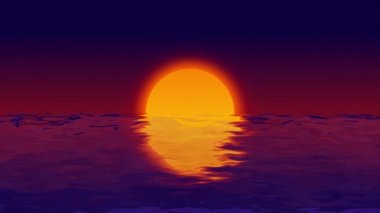 Akşam karikatür stili retro animasyonda deniz sahilinde kusursuz bir gün batımı. Turuncu güneşin su üzerindeki eski döngü videosu deniz dalgaları yüzeyine yansıyor