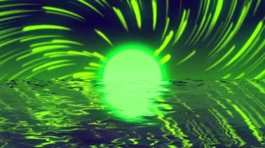 Döngülü güneş ışığı kıyamet gibi deniz manzarası çizgi film stili galaksi gezegen animasyonu. Geleceğin yeşil zehirli güneşin su üzerindeki görüntüsü deniz dalgaları yüzeyine yansıyor.. 
