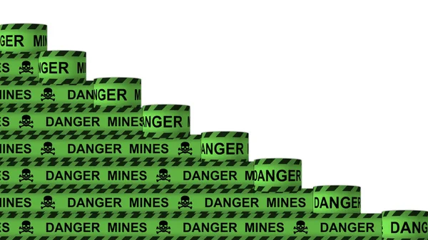 War image of mines green tape khaki stripes with scull rolling on isolated backgound minefield . Military area mined land warning symbol concept illustration.