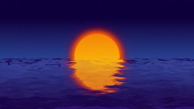 Deniz sahili çizgi filminde günbatımında geriye dönük animasyon. Turuncu güneşin su üzerindeki klasik dikişsiz videosu deniz dalgaları yüzeyine yansıyor.