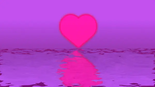 8k cartoon illustration of pink love heart sign above the sea. St Valentines Day vacations holiday gift concept. Image of pink heart symbol in the sky above the ocean.