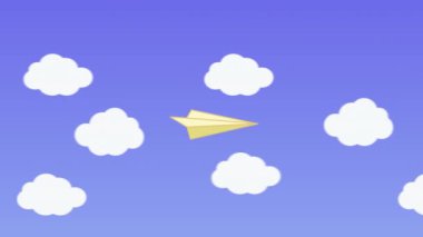 Ufuktaki uçak kamerasından düz dizayn videosuna zoom. Kağıt uçak mavi bulutlu çizgi film tarzı animasyon 4k pankartıyla görünür. Yüksek kalite 4k görüntü