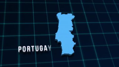 Portekiz dijital coğrafi haritası koordinat şebekesinde 3D video. İber Yarımadası ülke coğrafi arka planı 4K animasyon haber açıcı