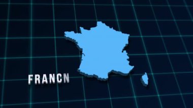 Fransa dijital coğrafi haritası mavi koordinatlarda 3D video. Orta Avrupa ülkesinin topoğrafik arka planı 4K animasyonu